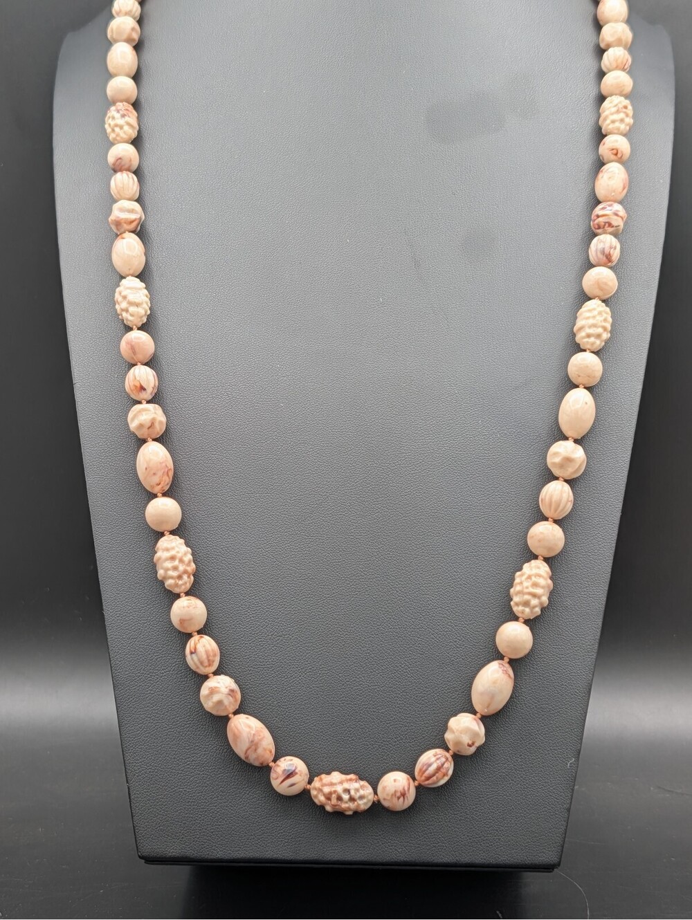 Vintage 1950s Marbled Molded Plastic Textured Bead J Hook Strand Necklace 34""